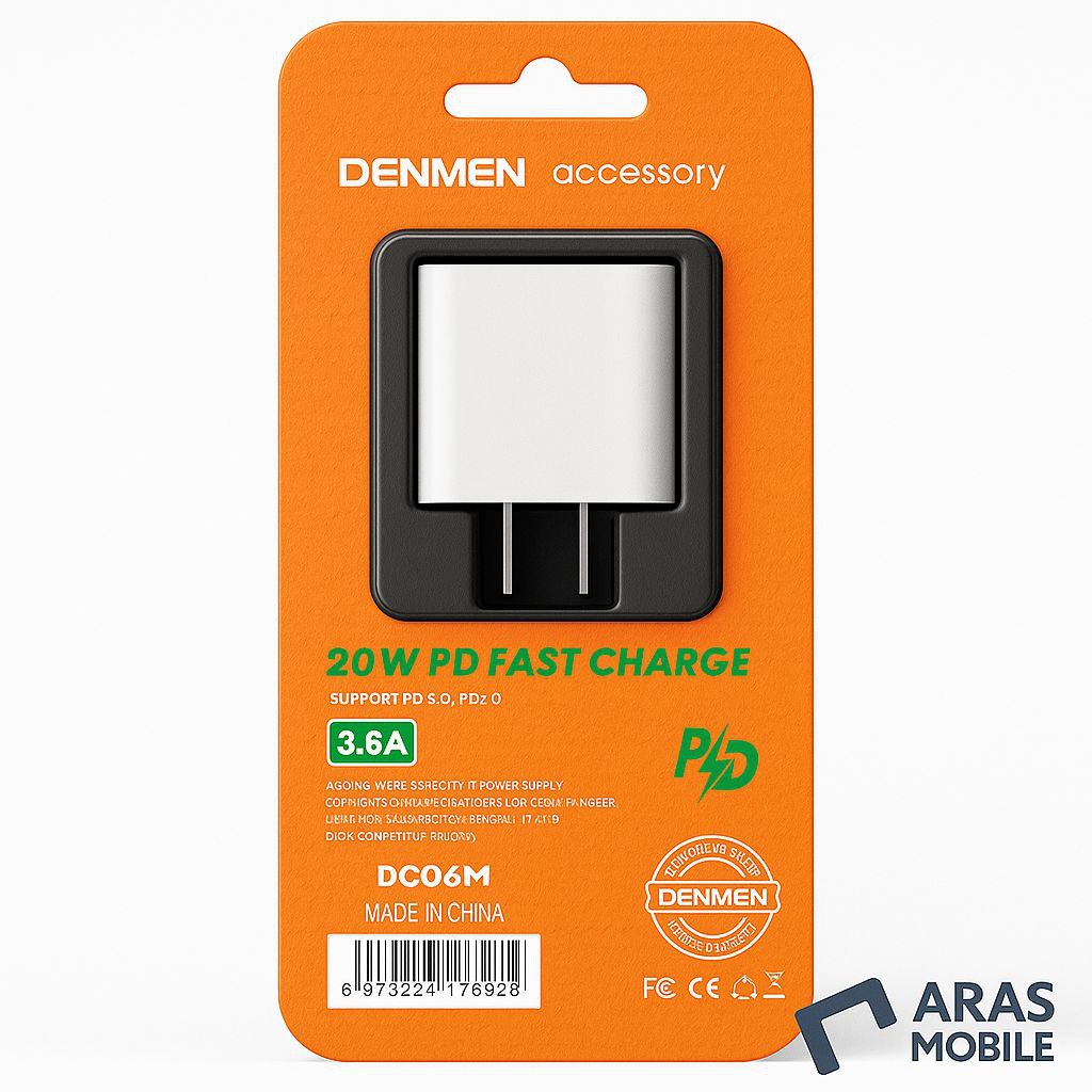 نمای پشت بسته بندی شارژر 20وات denmen مدل DC06M