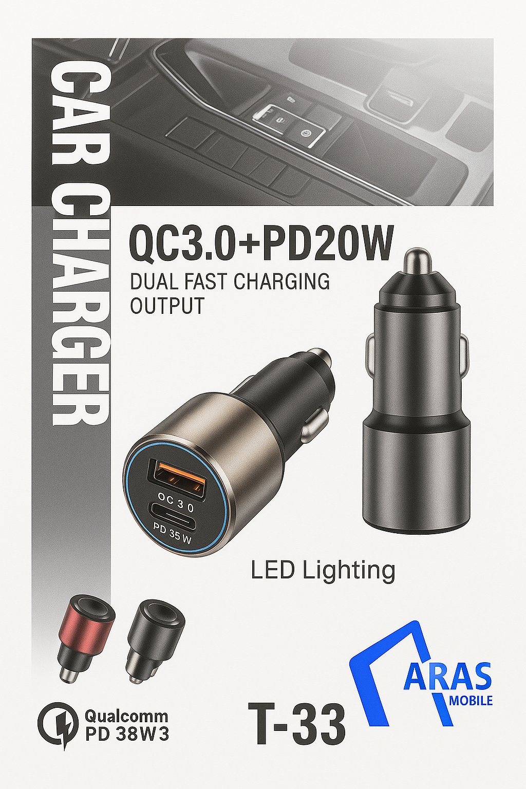 شارژر فندکی مدل T-33 با دو خروجی سریع QC3.0 و PD20W به همراه نور LED
