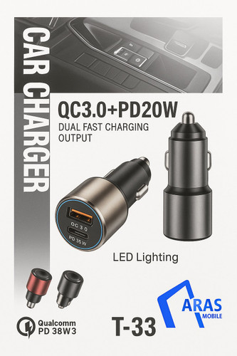 شارژر فندکی مدل T-33 با دو خروجی سریع QC3.0 و PD20W به همراه نور LED